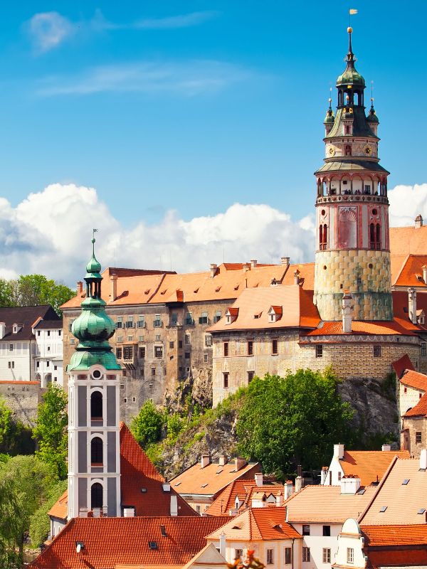 Prohlídka města -Pohled na město Český Krumlov a zámeckou věž